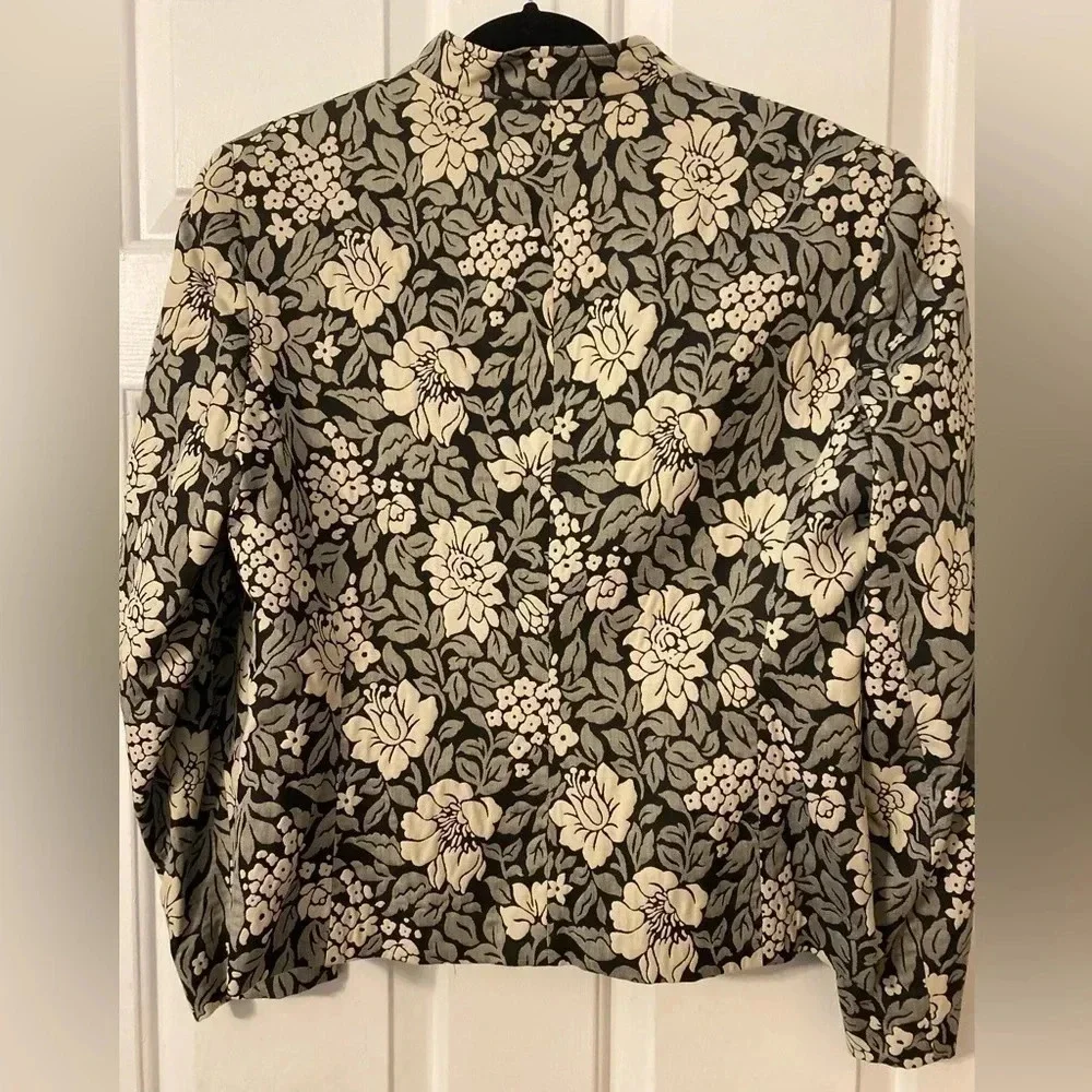 VINTAGE WOMEN'S RENA ROWAN BLACK & CREAM & GRAY FLOWER‎ BLAZER JACKET Size 10